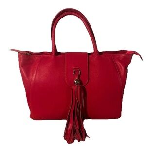 Genuine Leather Fuchsia Pink Classic Handbag Double Handle with Tassel